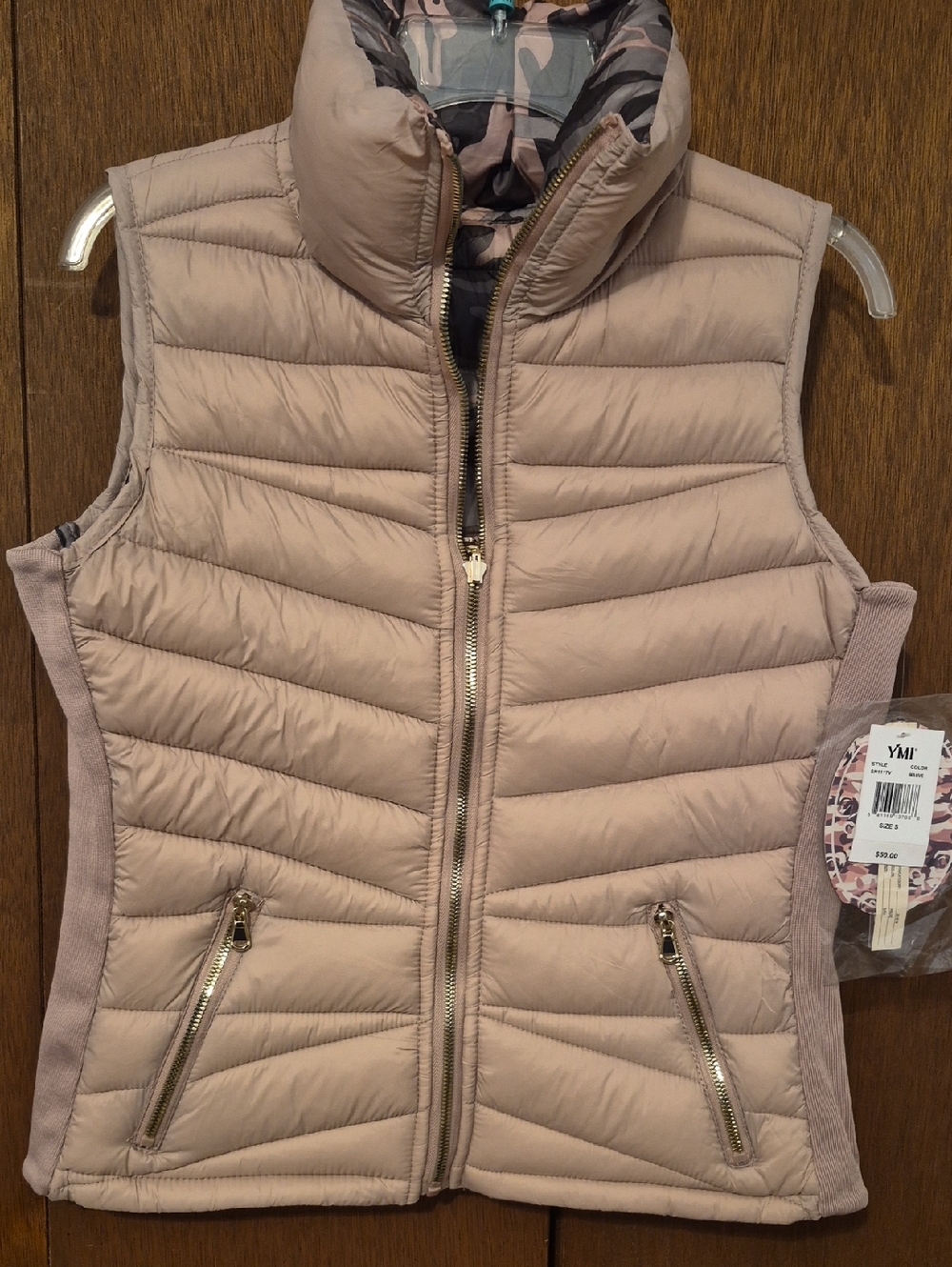 NWT Snobbish Mauve/Camo Quilted Reversible  Puffer Vest with Rib Trim SZ S